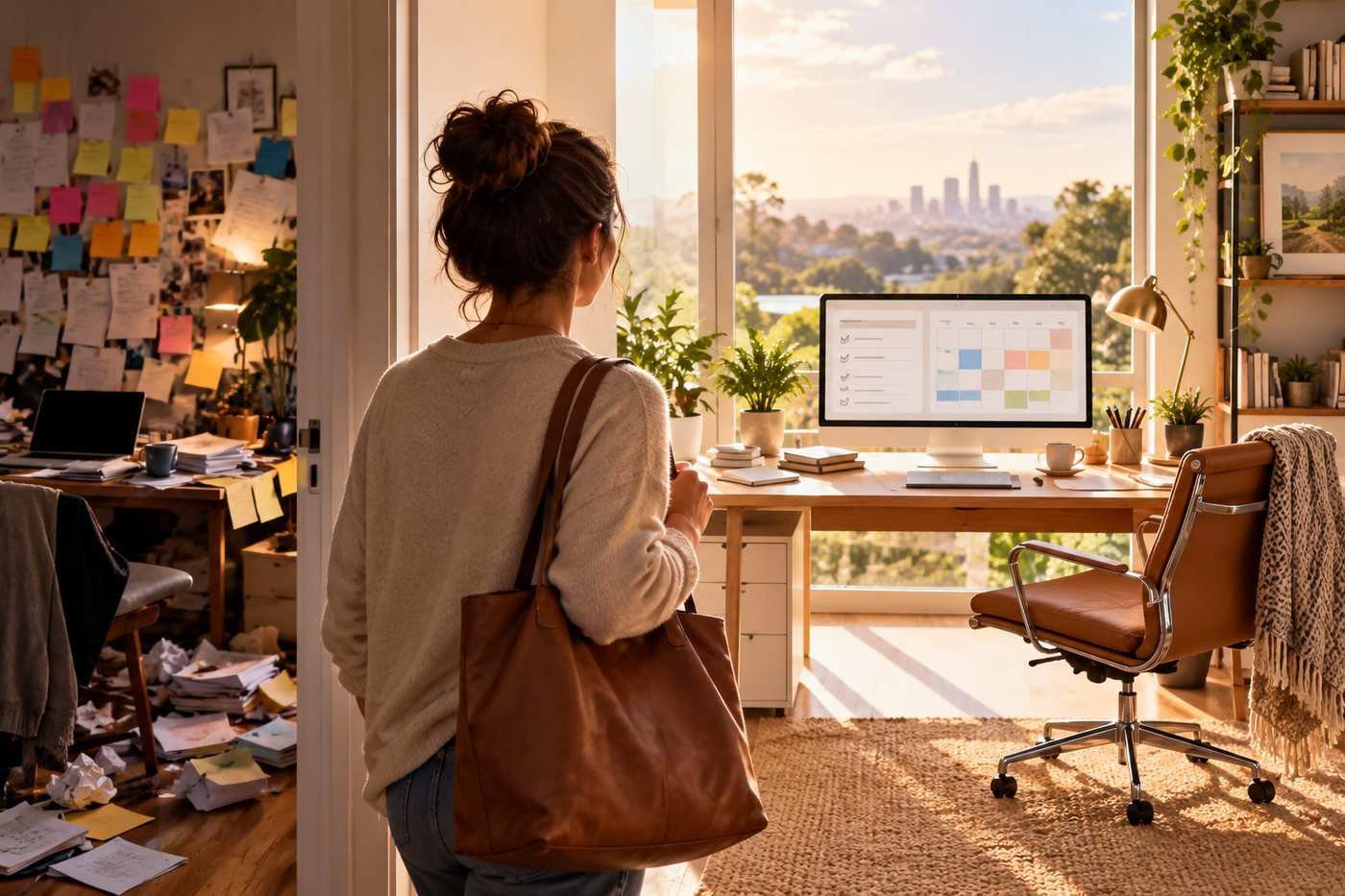 A messy workspace leading into a calm organized planning space